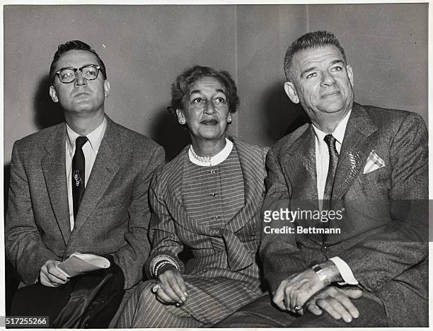 Television star Steve Allen sits with songwriter Dorothy Fields and lyricist Oscar Hammerstein during a recess in the hearing held by the House...