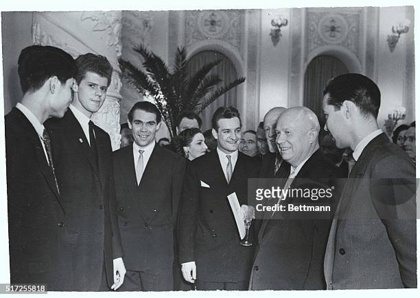Young Musicians at the Kremlin. Moscow, USSR: Soviet Premier Nikita Khrushchev chats with participants in the international music competitions at a...