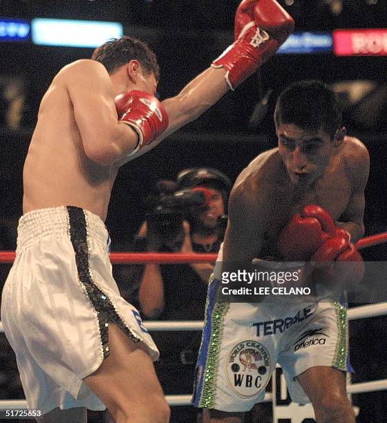 Featherweight Champion Erik Morales of the US defends against challenger Injin Chi of South Korea in the second round on July 28 2001 at the Los...