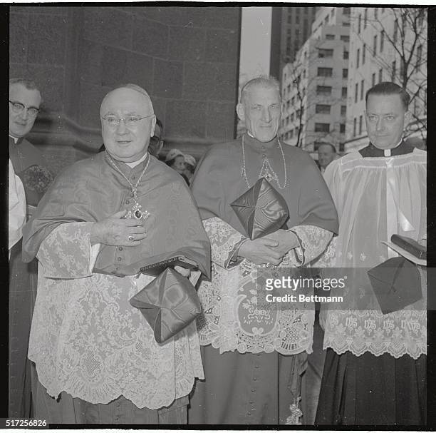 Francis Cardinal Spellman , Roman Catholic Archbishop of New York, and Richard Cardinal Cushing, of Boston, Massachusetts, are seen outside of St....