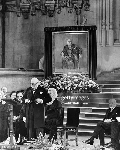 "We come not to bury Caesar but to praise him. . ." London, England: Prime Minister Sir Winston Churchill of Britain is shown as he accepted a...