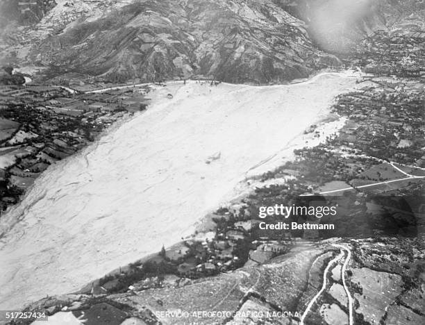 An air view of the disaster scene at Ranrahirca, Peru, where there are approximately 2,300 persons missing after a snowslide covered the small...