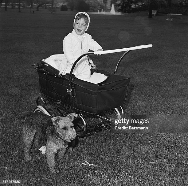 President's Son. Washington: This is the young son of the President, John F. Jr., standing in his carriage on the white House grounds today. In...