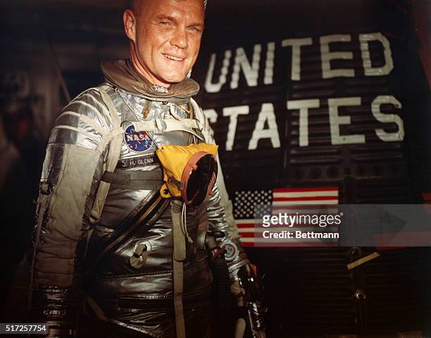 Cape Canaveral, Fla.: Lt. Col. John H. Glenn, Jr. Enters his Mercury 7 for a test.