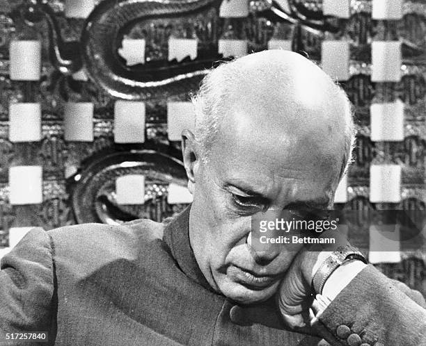 Pensive Nehru on See It Now Broadcast. London, England: Prime Minister Jawaharlal Nehru of India, is in pensive mood here as he appeared on the...