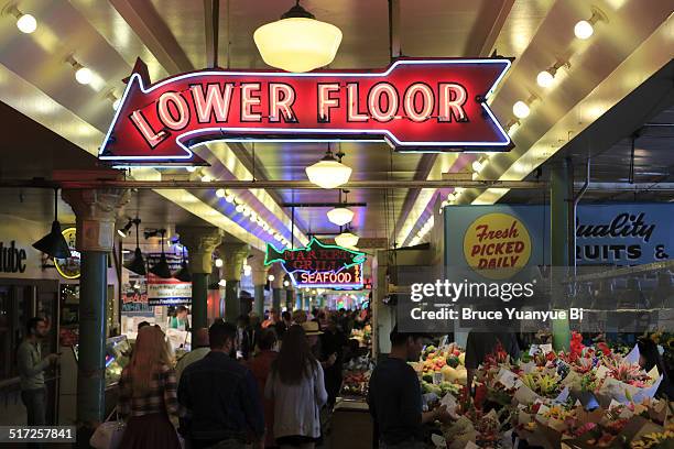 interior view of pike place market - pike place market sign stock pictures, royalty-free photos & images