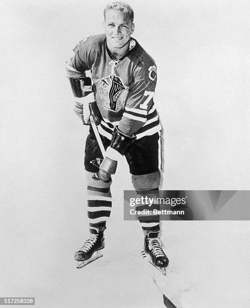 Bobby Hull of the Chicago Blackhawks is shown in this uniformed photograph.