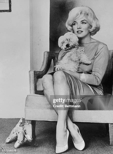 Marilyn Monroe is shown with her small white dog, Maf, in one of or most recent photographs. In childhood, Marilyn was a homeless, unwanted waif.