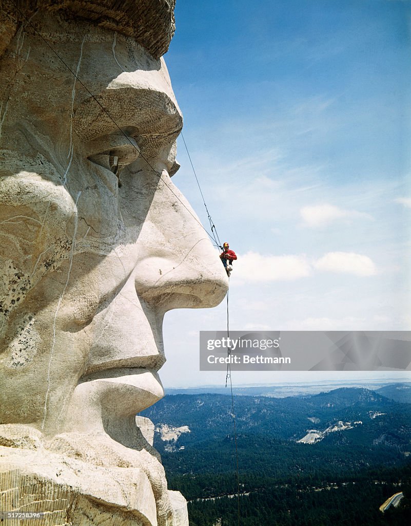 Mount Rushmore Repairman Working on Lincoln's Nose
