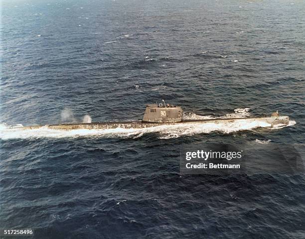 Navy Aircraft photograph of a Soviet attack submarine as it moved along the surface in vicinity of Cuban quarantine operations during the Cuban...