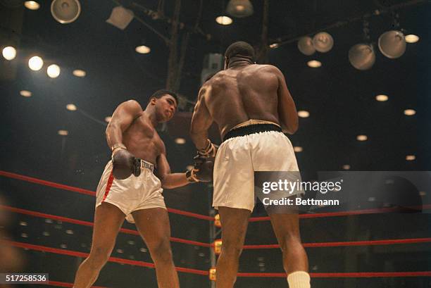 Action during the sixth round of the World Heavyweight boxing title bout between champ Sonny Liston and challenger Cassius Clay . Clay won the title...