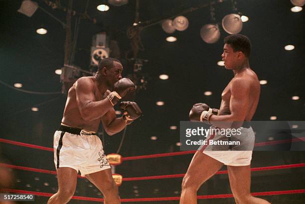 Action during the sixth round of the World Heavyweight boxing title bout between champ Sonny Liston and challenger Cassius Clay . Clay won the title...