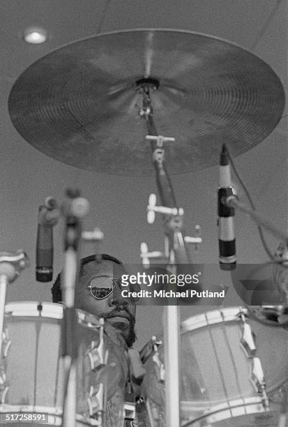 Panamanian-American jazz drummer Billy Cobham performing at Crystal Palace Garden Party, London, 7th June 1975.