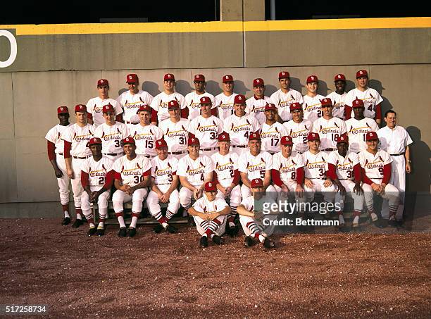 Team photo of St. Louis Cardinals, August 1967. Back row, left to right: Dal Maxvill, Hal Woodeshick, Larry Jaster, Dave Ricketts, Phil Gagliano,...