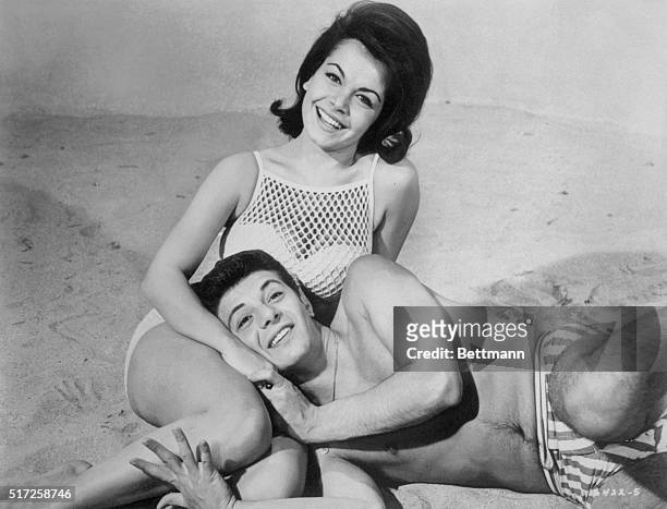 Annette Funicello and Frankie Avalon dressed as Dolores and Frankie, their respective roles in the 1963 film Beach Party.