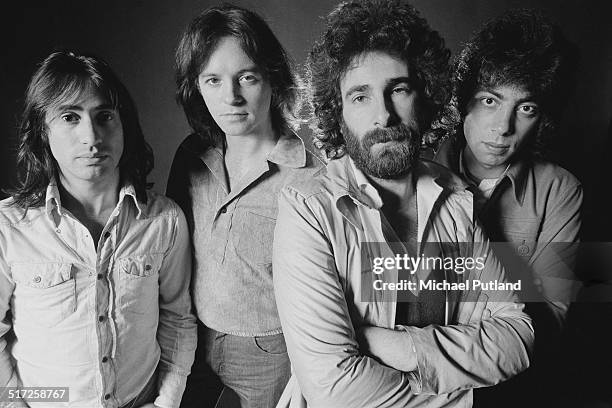 English rock band 10cc, 1974. Left to right: Lol Creme, Eric Stewart, Kevin Godley and Graham Gouldman.