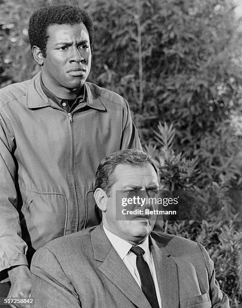 Raymond Burr and Don Mitchell in a scene from the TV Series: Ironside. 1967