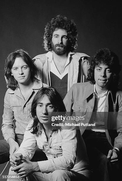 English rock band 10cc, 1974. Clockwise, from front: Lol Creme, Eric Stewart, Kevin Godley and Graham Gouldman.