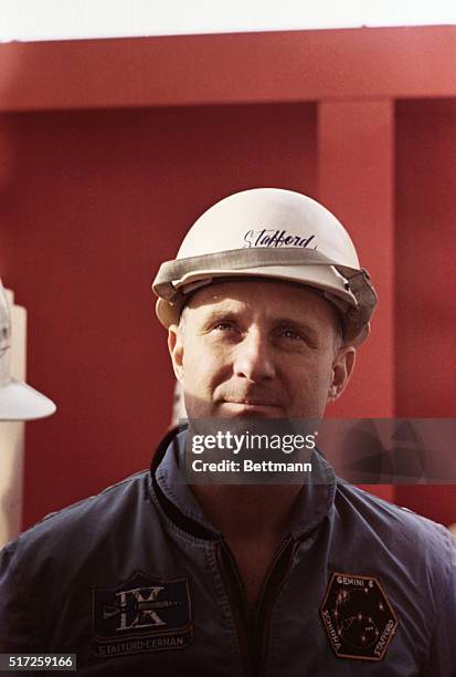 Apollo 10 commander, astronaut Thomas P. Stafford, at the launch pad, 4/7, as he and Eugene Cernan and John Young checked out the space craft. They...