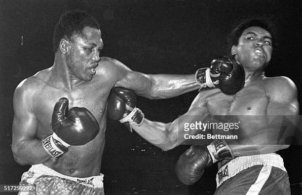 Joe Frazier left hook distorts the face of Muhammad Ali in the final round of their title bout here March 8th. Frazier dumped Ali for an eight count...