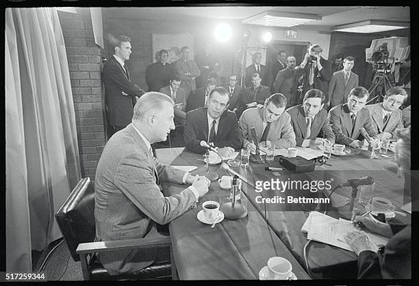Newton, Mass.: Vice President Spiro Agnew as he met with members of the Massachusetts news media in the wake of his speech night criticizing the news...