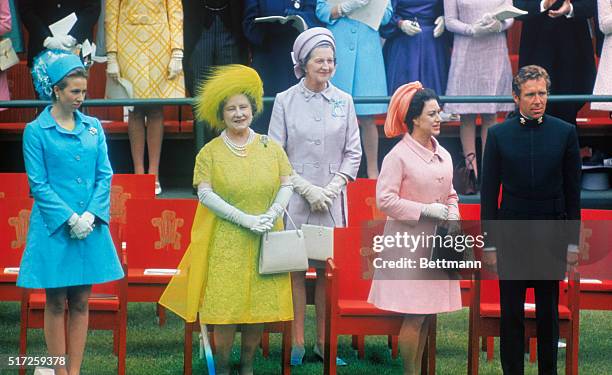 Attending Prince Charles' investiture as Prince of Wales at Caernarvon Castle are : Princess Anne; Queen Mother Elizabeth; Duchess of Abercorn,...