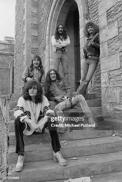 British rock group Uriah Heep, 1974. Left to right: bassist Gary Thain , drummer Lee Kerslake, guitarist Ken Hensley, guitarist Mick Box and singer...