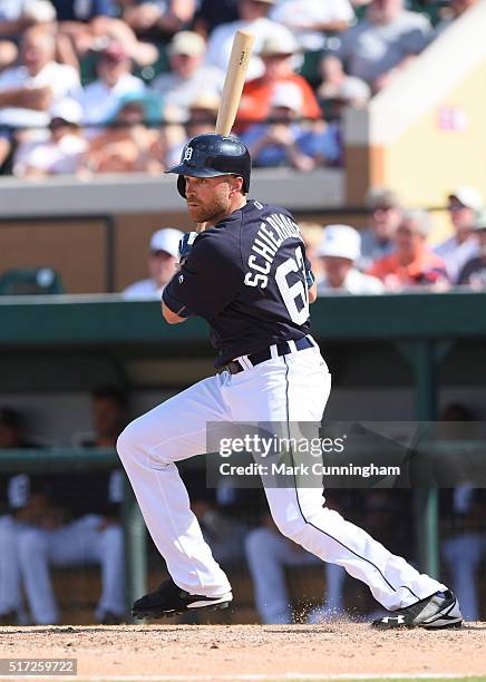 Nate Schierholtz of the Detroit Tigers bats during the Spring Training game against the New York Mets at Joker Marchant Stadium on March 14, 2016 in...