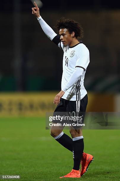 Leroy Sane of Germany celebrates his team's first goal during the 2017 UEFA European U21 Championships qualifier match between Germany U21 and Faroe...