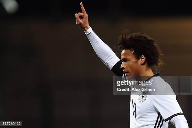 Leroy Sane of Germany celebrates his team's first goal during the 2017 UEFA European U21 Championships qualifier match between Germany U21 and Faroe...