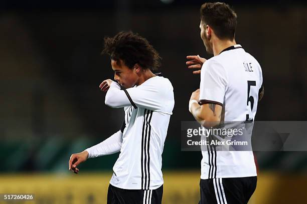 Leroy Sane of Germany celebrates his team's first goal with team mate Niklas Suele during the 2017 UEFA European U21 Championships qualifier match...