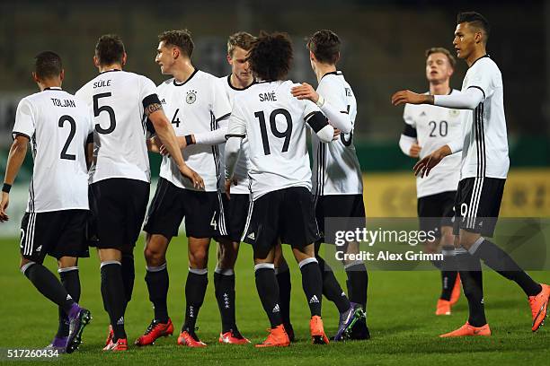 Leroy Sane of Germany celebrates his team's first goal with team mates during the 2017 UEFA European U21 Championships qualifier match between...