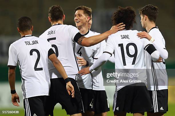 Leroy Sane of Germany celebrates his team's first goal with team mates during the 2017 UEFA European U21 Championships qualifier match between...