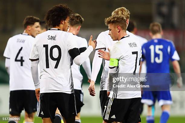 Leroy Sane of Germany celebrates his team's first goal with team mate Max Meyer during the 2017 UEFA European U21 Championships qualifier match...