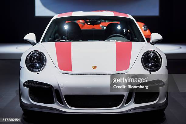 The new Porsche 911 R sits on display at the 2016 New York International Auto Show in New York, U.S., on Thursday, March 24, 2016. Nearly 1,000 cars...