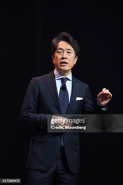 Masahiro Moro, president and chief executive officer of Mazda North America Operations, speaks during 2016 New York International Auto Show in New...