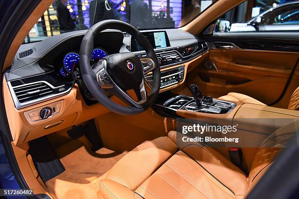 The interior of a Bayerische Motoren Werke AG Alpina B7 vehicle is seen during 2016 New York International Auto Show in New York, U.S., on Thursday,...