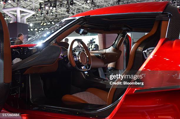 The interior of a Koenigsegg Automotive AB Regera luxury vehicle is seen during the 2016 New York International Auto Show in New York, U.S., on...