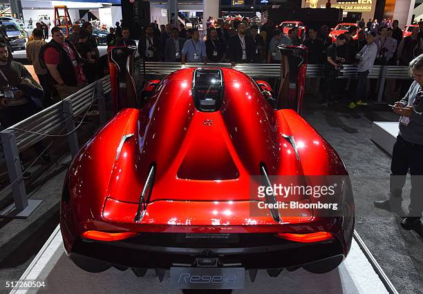 The Koenigsegg Automotive AB Regera luxury vehicle is displayed during the 2016 New York International Auto Show in New York, U.S., on Thursday,...