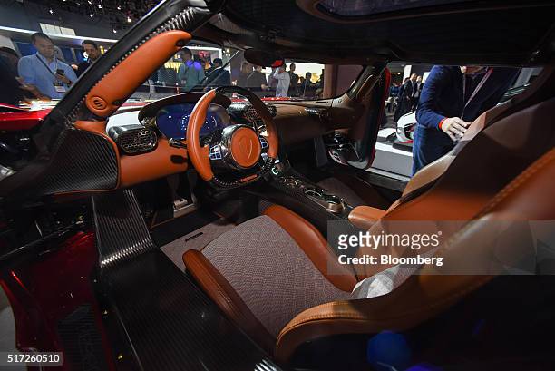 The interior of a Koenigsegg Automotive AB Regera luxury vehicle is seen during the 2016 New York International Auto Show in New York, U.S., on...