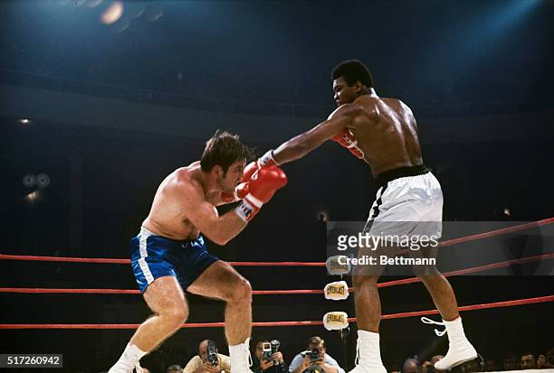 Cassius Clay , the once and possibly future heavyweight champion of the world, moves in on a wary Jerry Quarry during the final moments of the third...