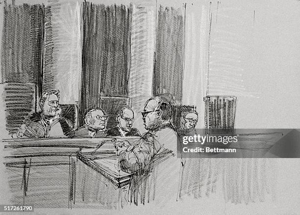 This sketch shows White House Watergate Attorney James St. Claire arguing before the Supreme Court over whether President Nixon could assert...