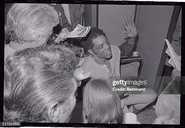 An aging and tired looking Willie Mays, who has announced his retirement from baseball after 23 years in the game, gestures here, as he described the...