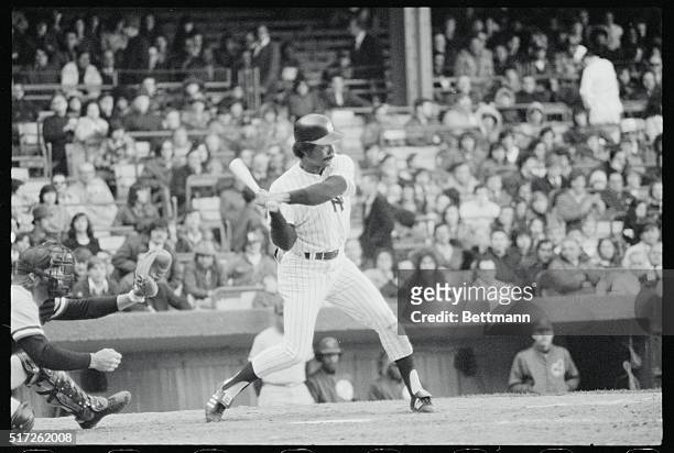 Roy White, outfielder for the New York Yankees is shown batting against the Cleveland Indians at Yankee Stadium.