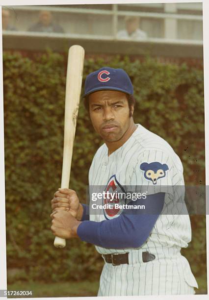 Billy Williams of the Chicago Cubs baseball team is shown in uniform, on the field, kneeling on one knee and holding a baseball bat.