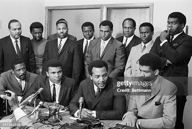 Nation's top Negro athletes gathered for a meeting at the Negro Industrial and Economic Union to hear Cassius Clay's view for rejecting Army...