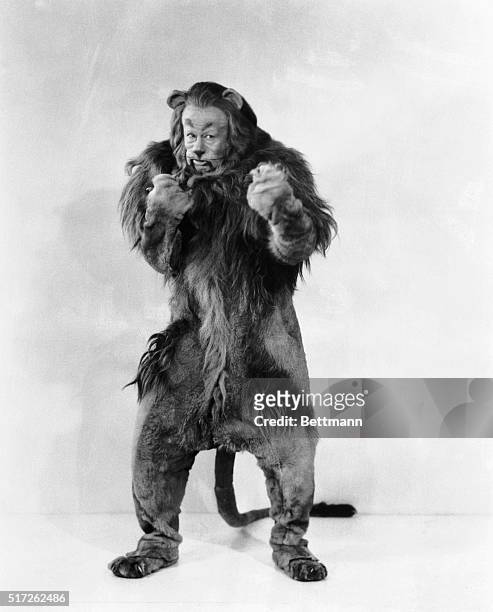 Actor Bert Lahr wears the costume for his role as the Cowardly Lion in the 1939 motion picture The Wizard of Oz.