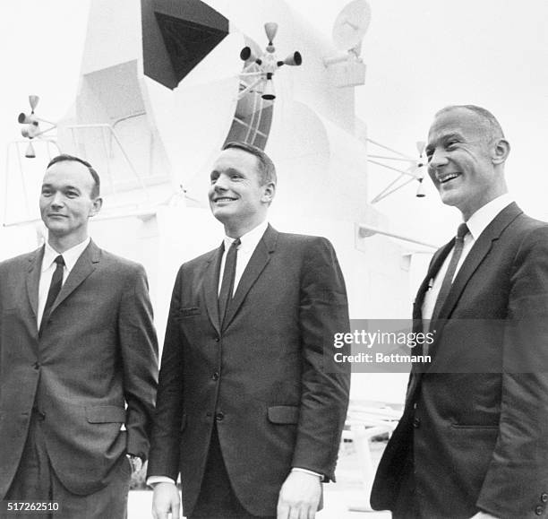 Manned Spaceflight Center, Tx.: Buzz Aldrin, Neil Armstrong and Michael Collins , scheduled to make the nation's first landing on the moon, pose in...