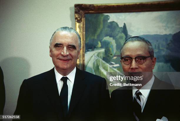 French President Georges Pompidou meets with United Nations Secretary General U Thant in the Later's office today, March 2, 1970.