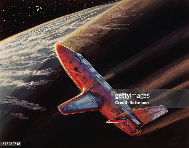 An artists' conception of the space shuttle orbiter with 12 passengers, two-man crew and supplies entering the Earth's atmosphere following a visit...